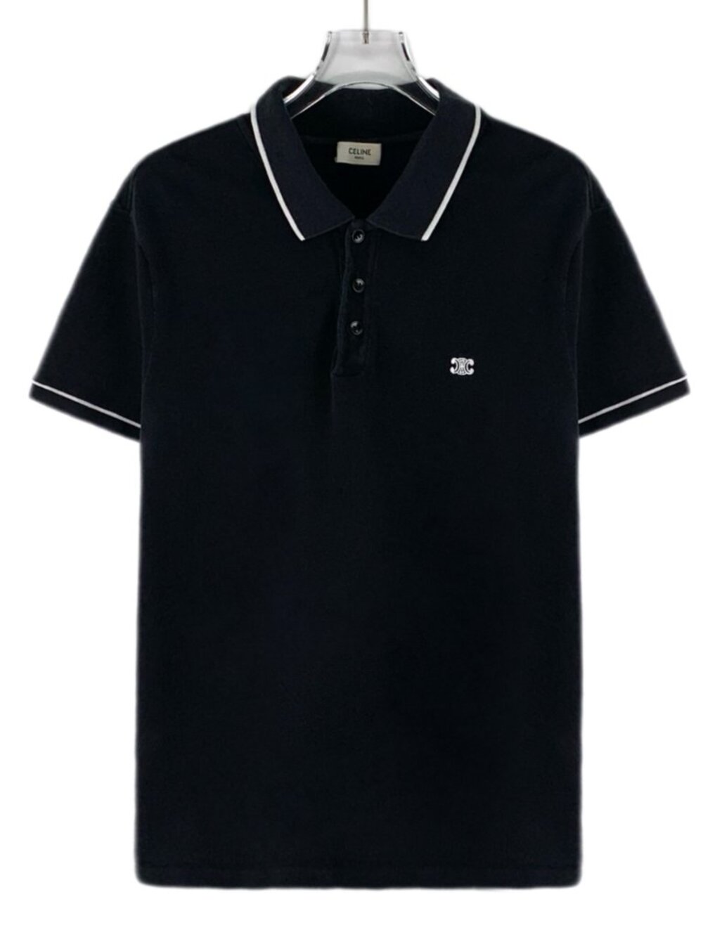 X32291 Celine Black "Triomphe" Embroidery Cotton Polo Shirt — Collared Size S